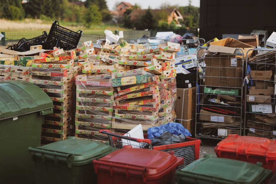 The image shows a large outdoor area filled with stacks of cardboard boxes of fresh fruits, which are labeled and partially crushed, indicating they are used for packaging or disposal. Surrounding the fruit boxes are various waste and recycling containers with colored lids, including green and red, some of which are closed while others are slightly open, revealing their contents. To the right, there are metal wire cages filled with assorted cardboard boxes and packaging materials, some with visible shipping labels, suggesting an on-site collection of packaging waste. In the background, a residential landscape with houses and trees is visible under natural daylight, while the foreground features a paved surface typical of a driveway or storage yard. The scene appears to be part of a private waste handling operation or a commercial waste management area, with elements consistent with rubbish collection services typically conducted by independent waste disposal providers such as House Clearance Bow, specially relating to non-standard rubbish like packaging materials.